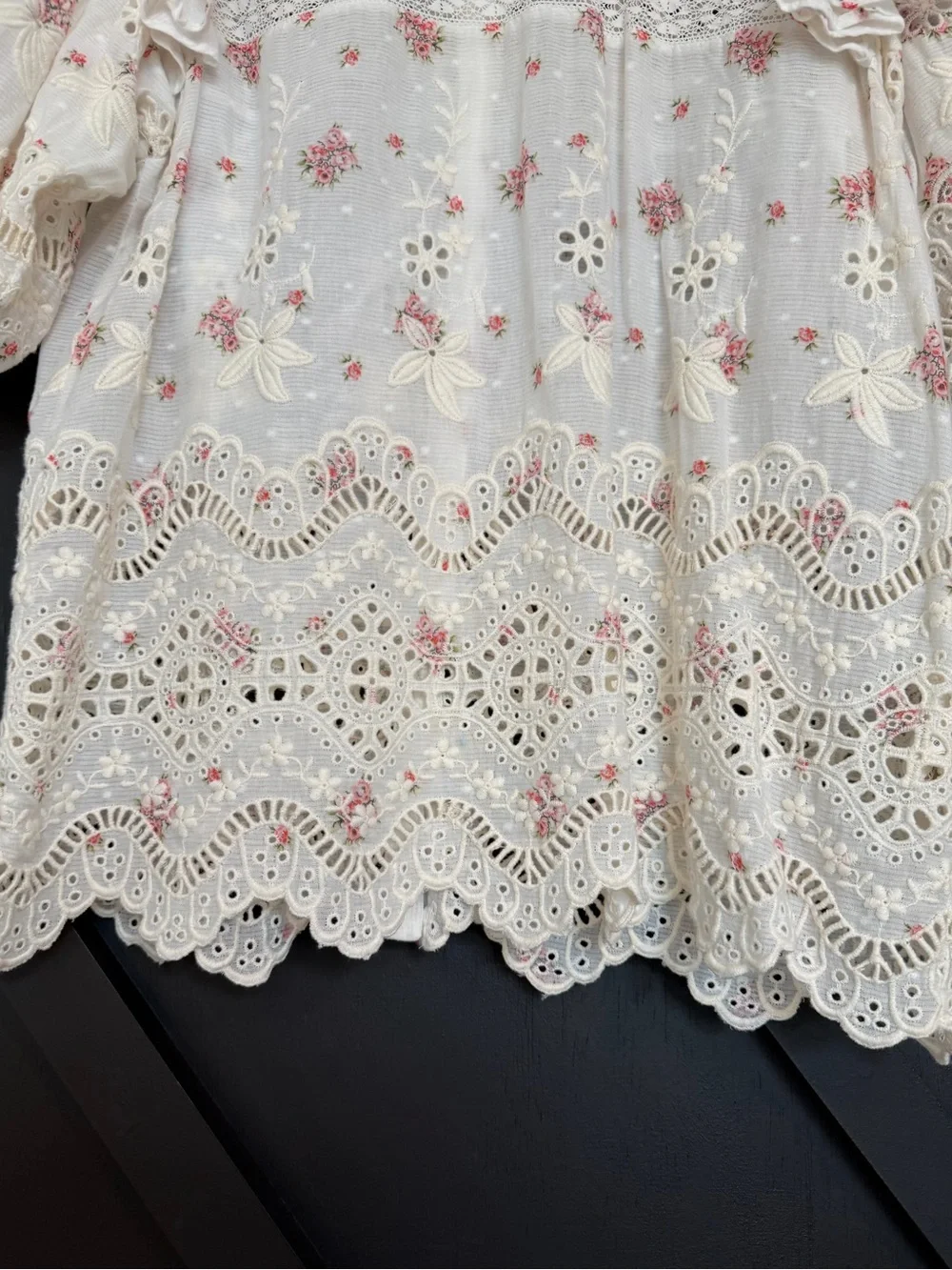 LoveShackFancy Tilda Top in French Cream/Pink Floral, Size Small